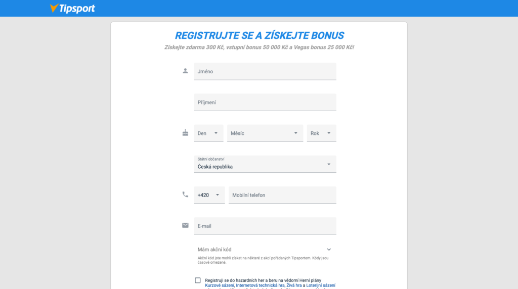 Tipsport registrační formulář